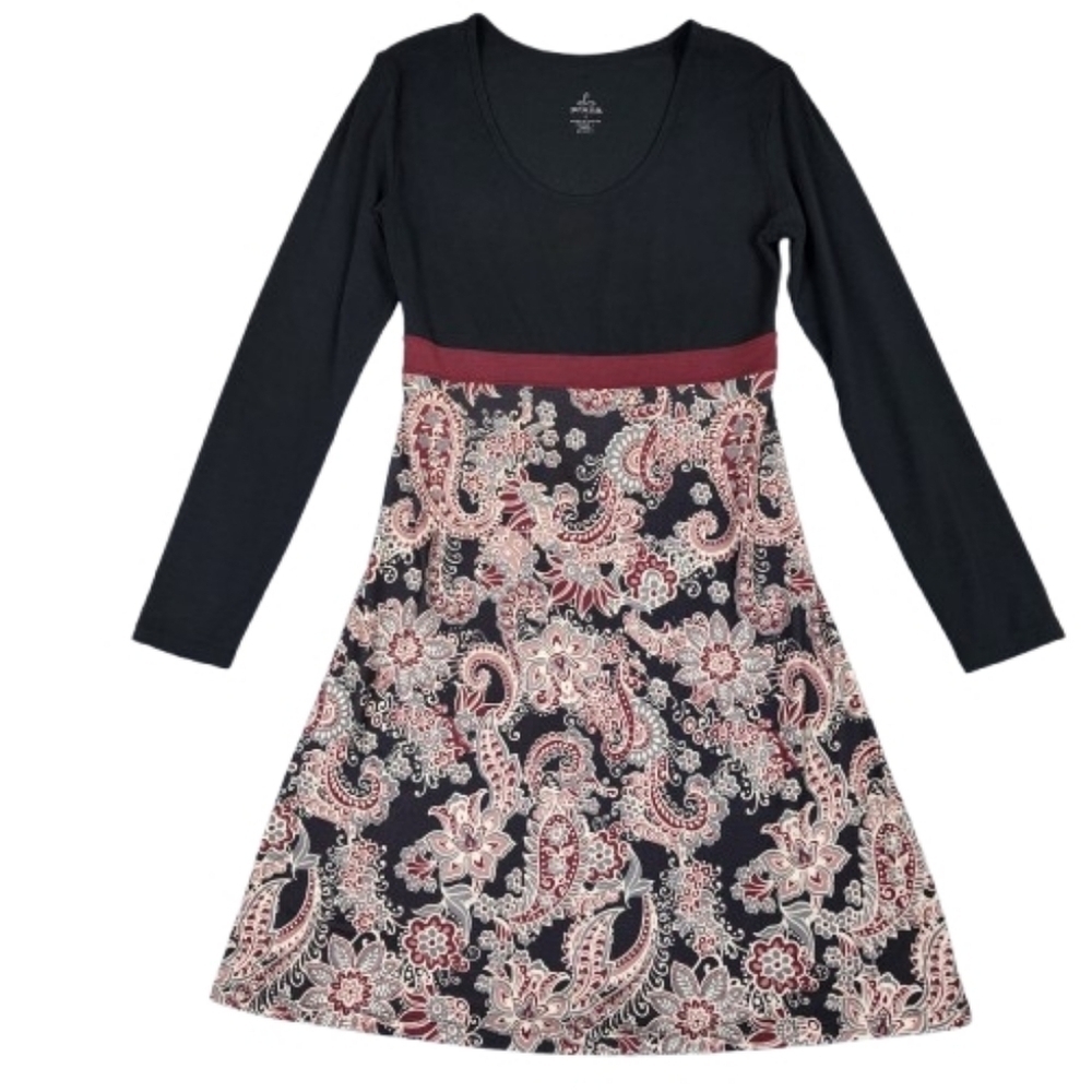 prAna Kaley Long-Sleeve A-Line Dress Black with Burgundy & Gray Paisley Women S